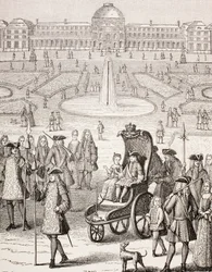 The young King Louis XV promenading in a carriage in the Tuileries Gardens, Paris, from 